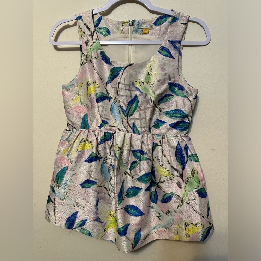 Anthropologie Leifsdottir Yellow Brocade Peplum Top Size 0 Birds Business Causal